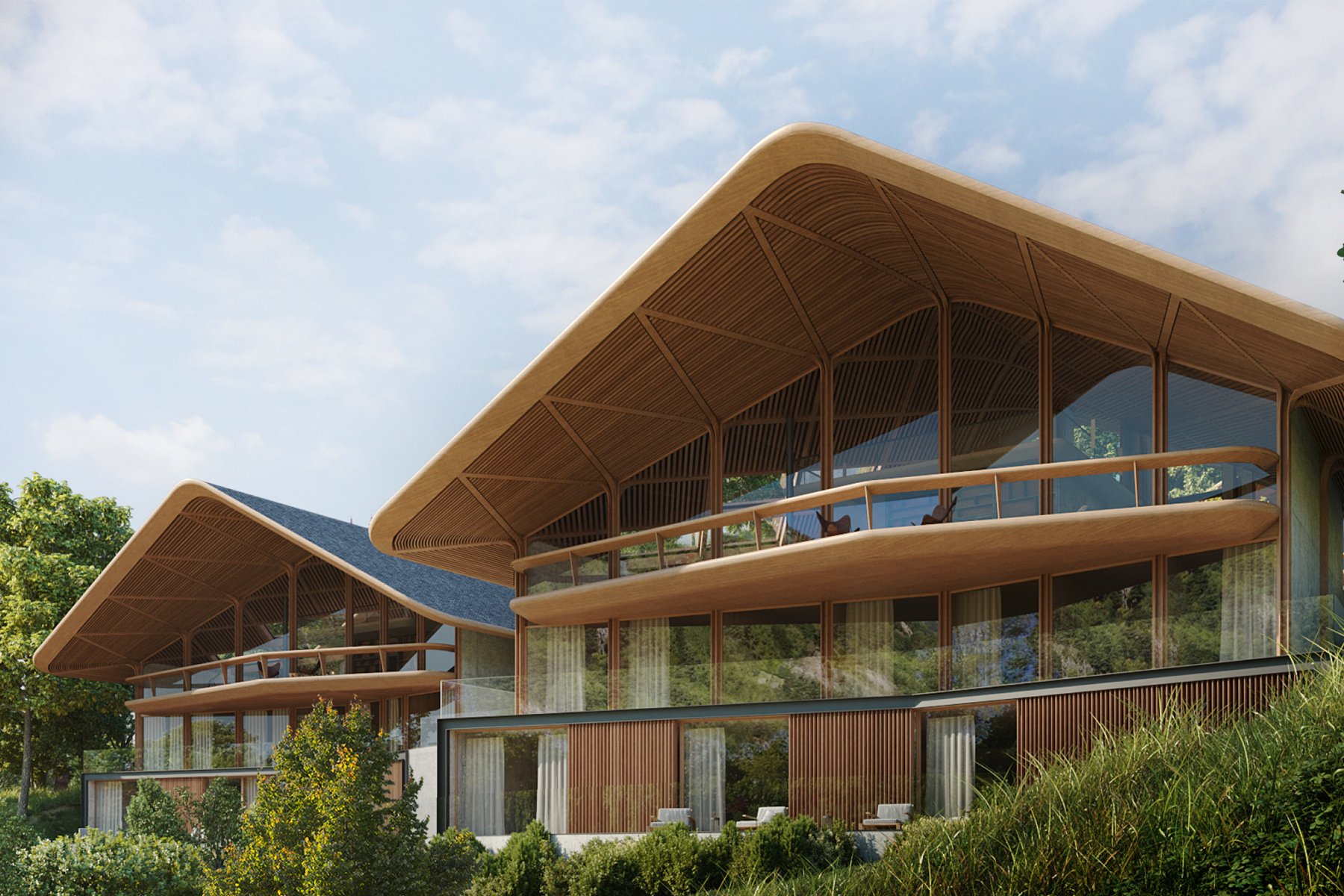 Conjunto de edificios modernos con techos curvos de madera, amplios ventanales y balcones en un entorno natural con árboles y césped.