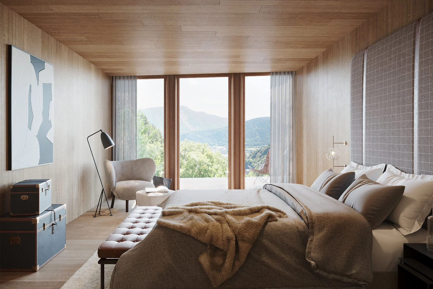 Habitación con vista a montañas, muebles de madera, cama con almohadas y cobija, sofá, lámpara de pie, cuadros en la pared, ventanales con cortinas translúcidas.