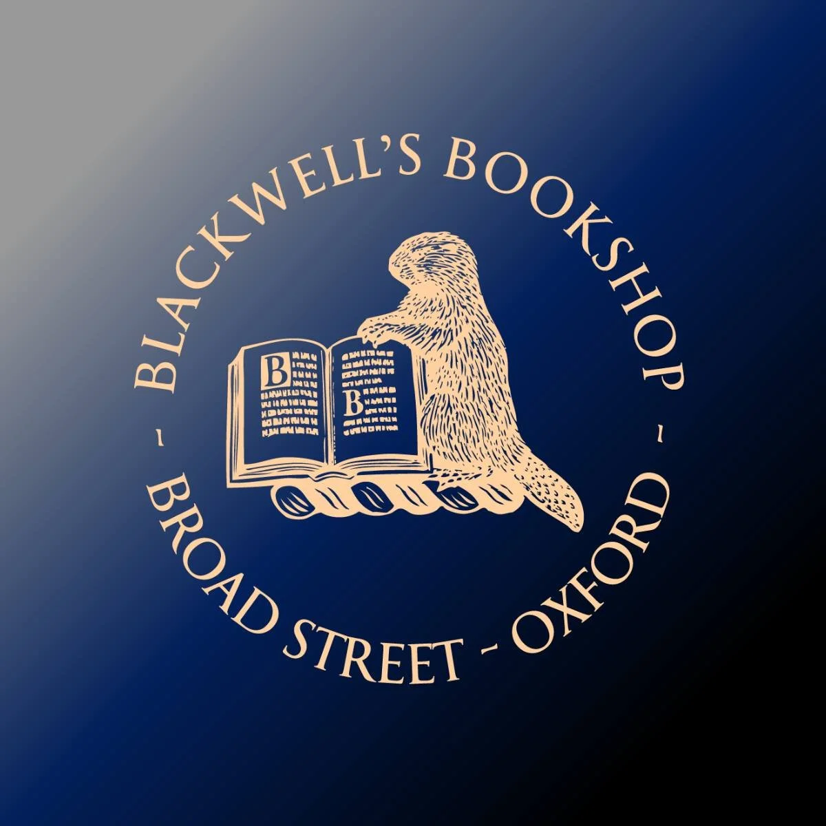 Logo for Blackwell's Bookshop featuring a raven reading a book, with the address Broad Street, Oxford.
