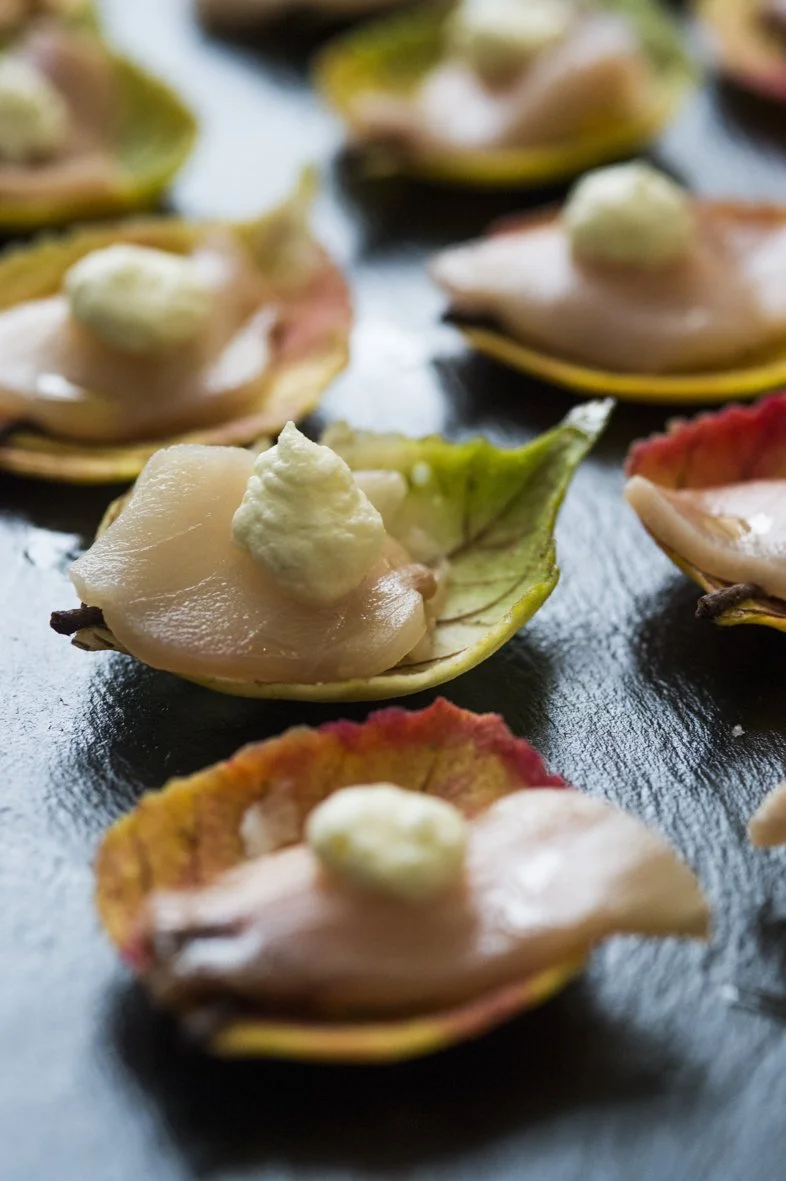 Tartare de fruits de mer avec une sauce ou un fromage à la crème sur une coquille