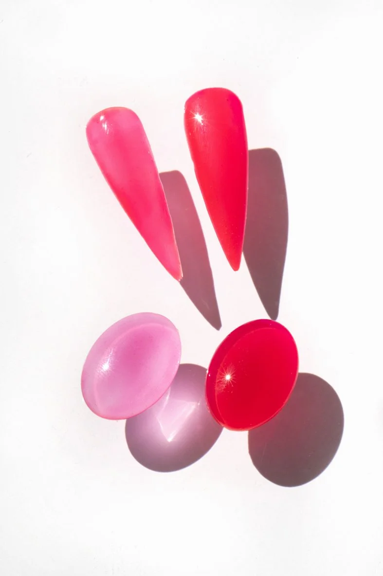 Cinq coquillages de différentes couleurs et formes, certains roses et rouges, placés sur une surface blanche et éclairés par la lumière nuisant des ombres.