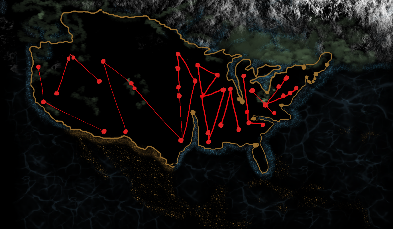 Map of the so-called united states, the outline is formed by a brown line. On the inside the text "Land Back". Both the outline of the country and the text are lines connecting dots. Each dot is one of the land-grant universities in the US.