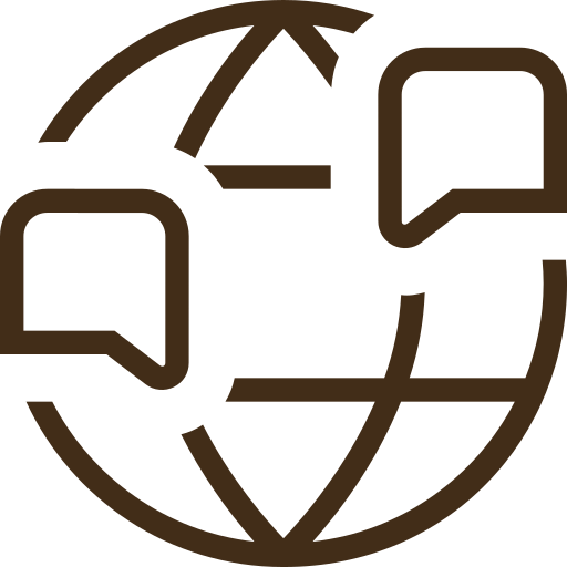 Illustration einer Weltkugel mit Sprechblasen, die Kommunikation und globale Vernetzung symbolisieren.