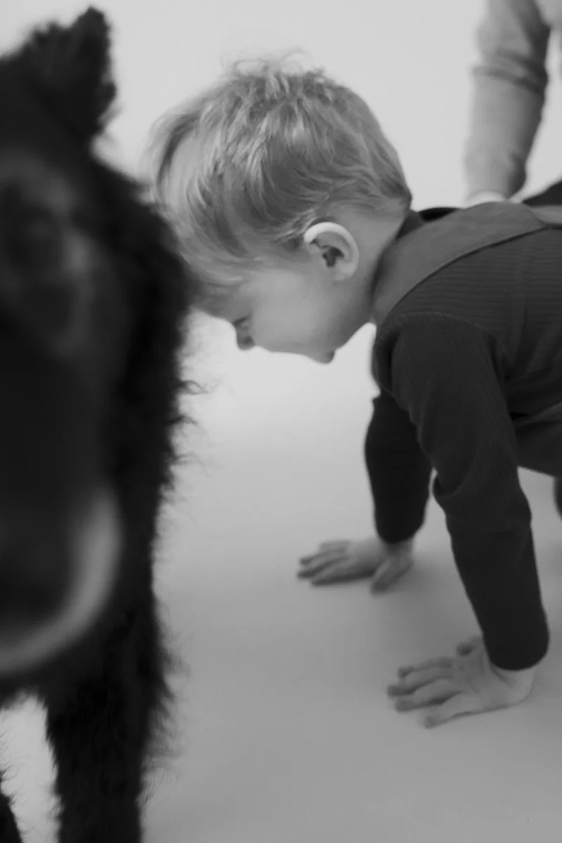 A boy doing push-ups on the floor with a dog closely watching in the foreground.