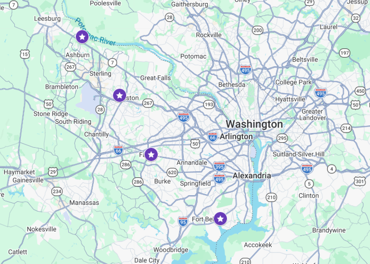 Mosaic Virginia locations marked with stars in the Washington metropolitan area.