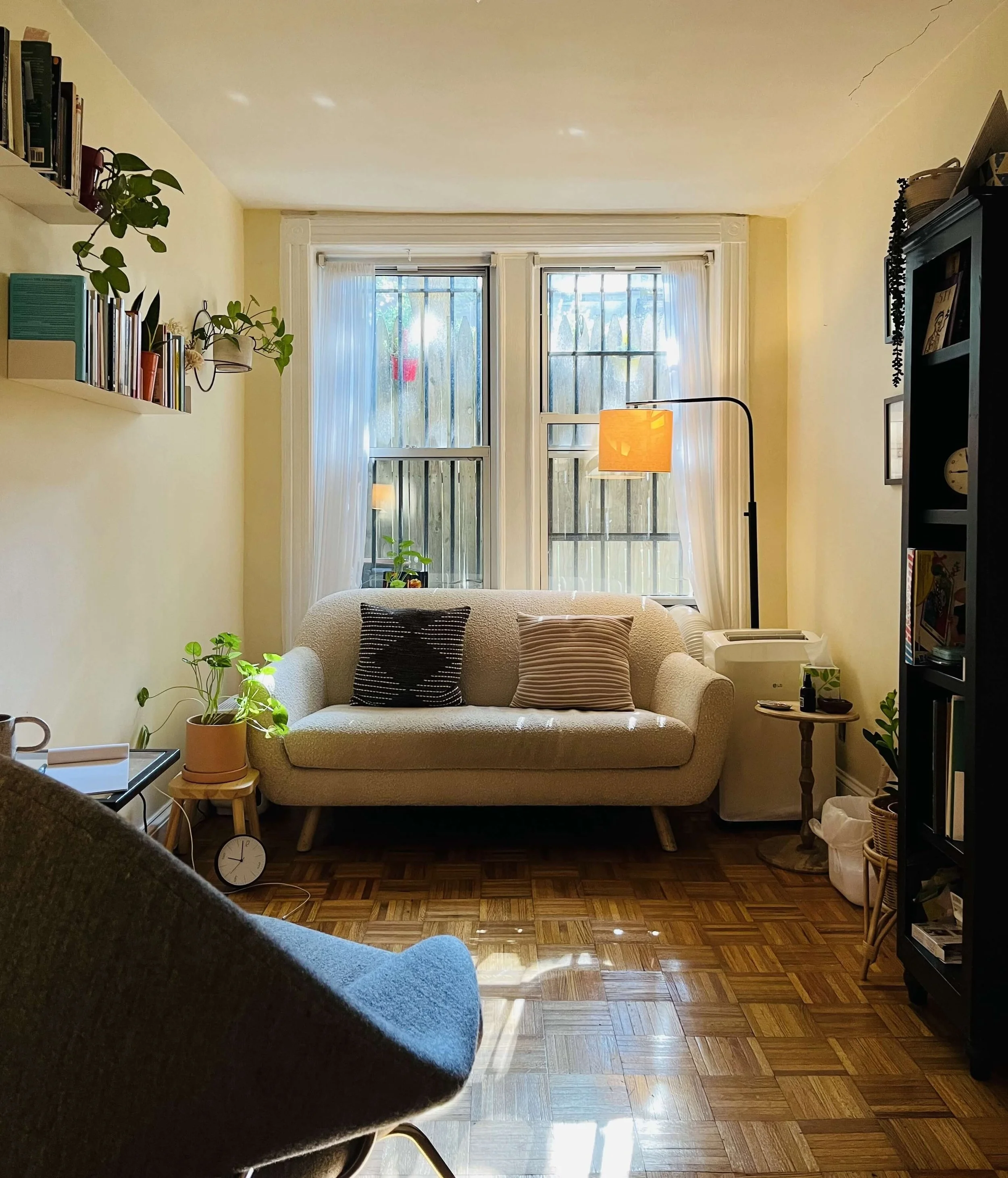 Cozy interior of therapist office where in-person therapy is offered in Fort Greene, Brooklyn.