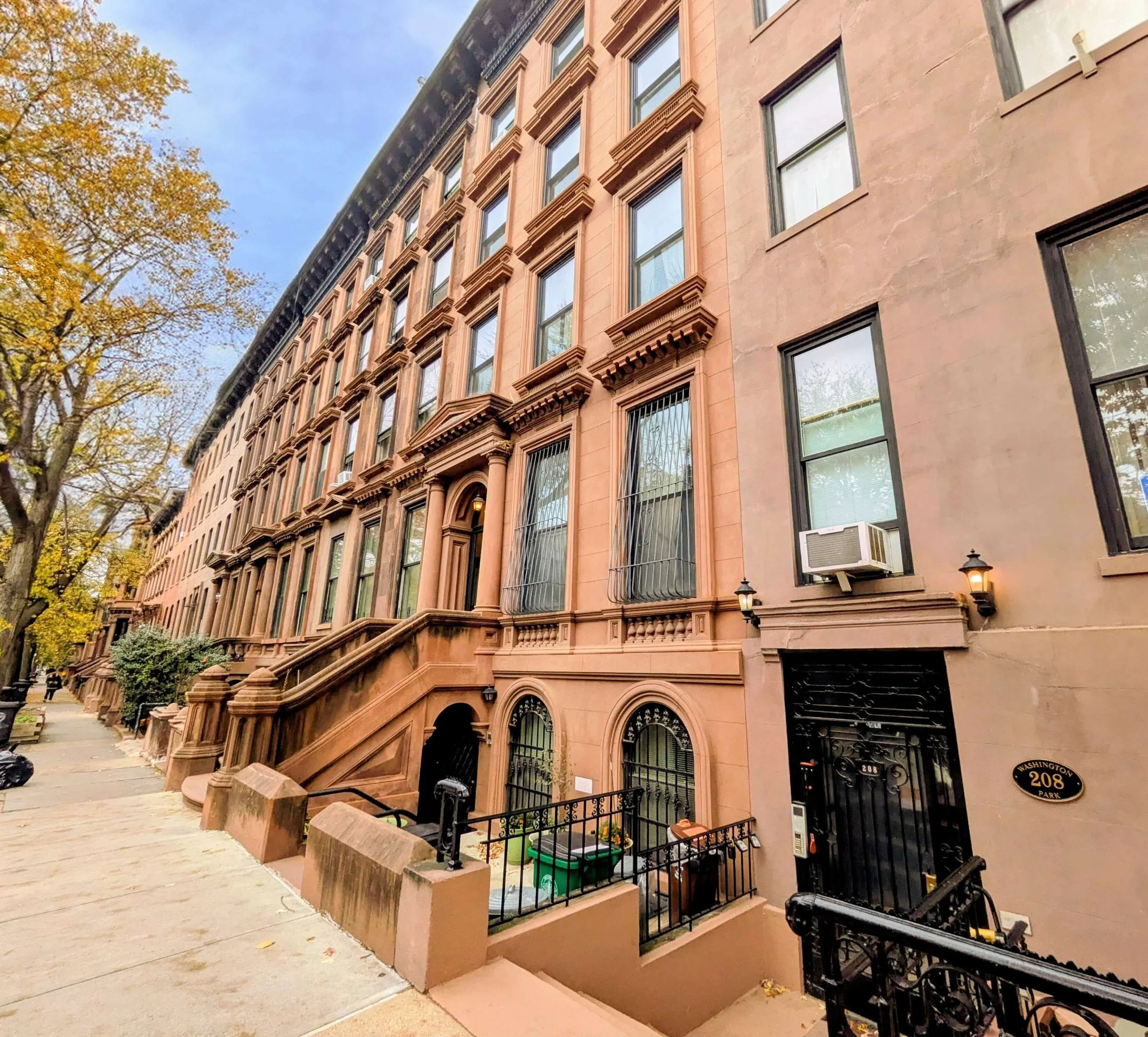 A row of brownstones that is the exterior of therapy office, where in-person therapy is offered, in Fort Greene, Brooklyn.