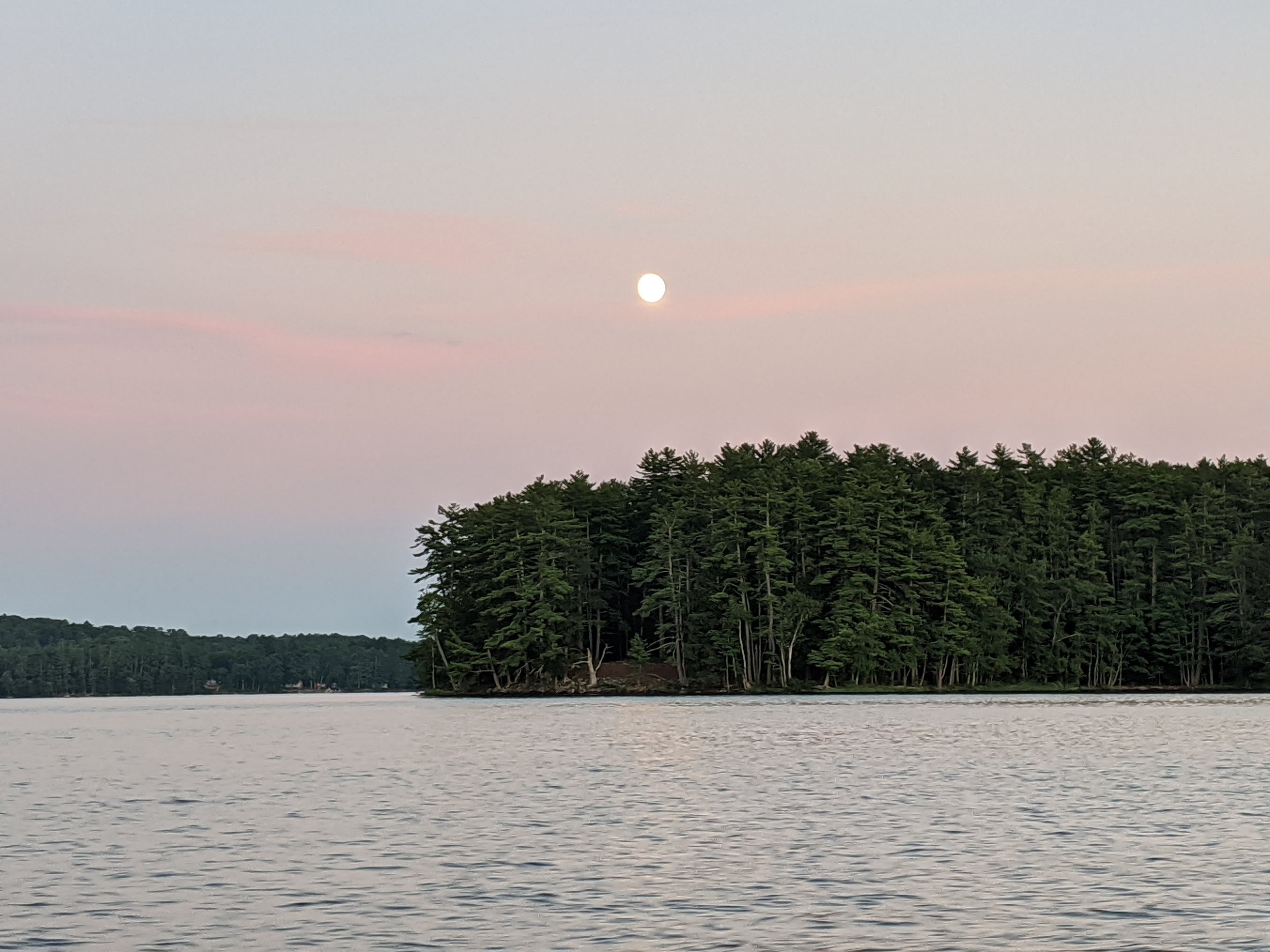 View of a lake with a small island covered in pine trees, the moon visible in the sky during dusk or dawn.