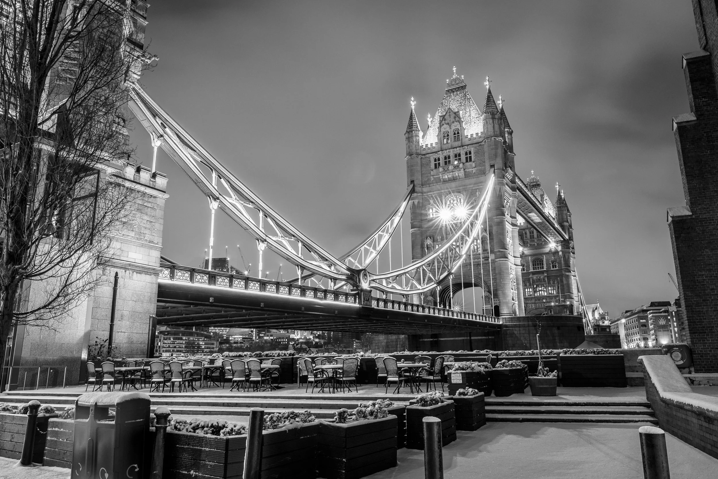 Morning snow on Tower Bridge, taken from Shad Thames area, London
