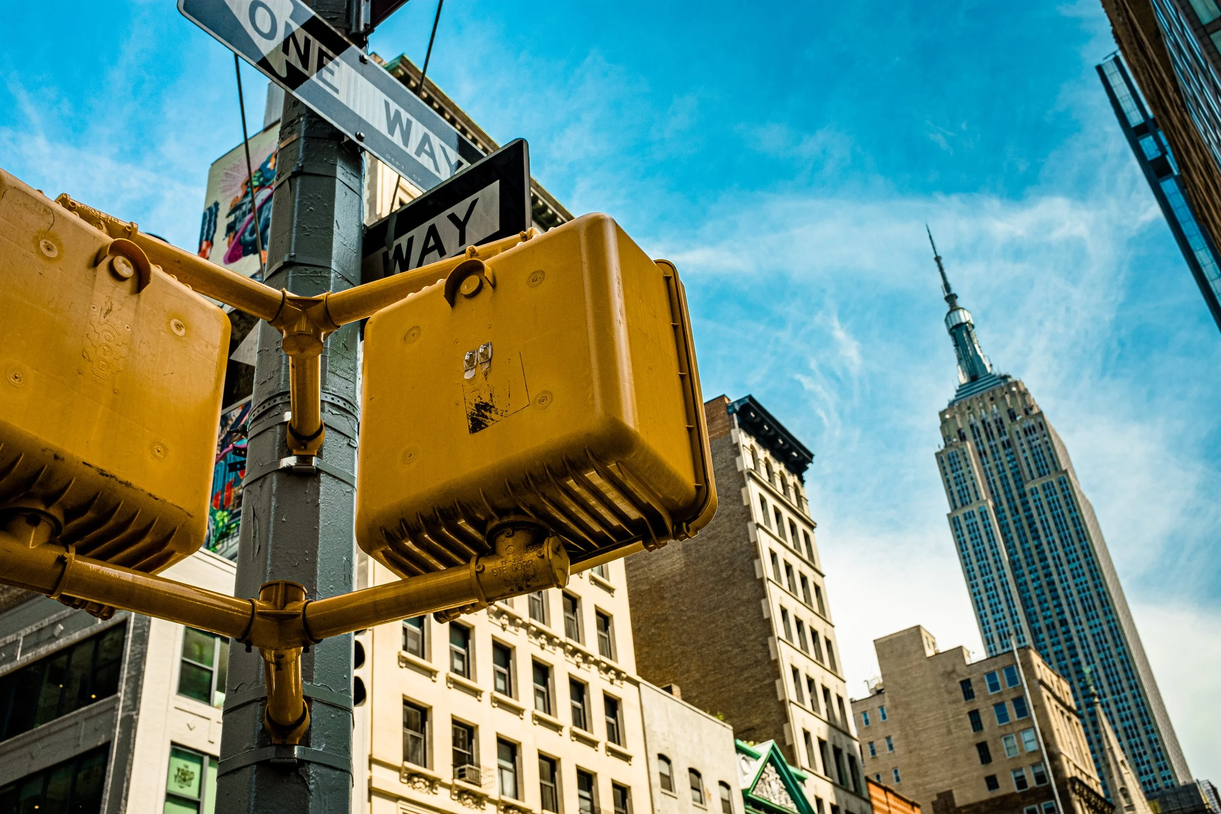 Street signs and Empire State Building, Manhattan, USA