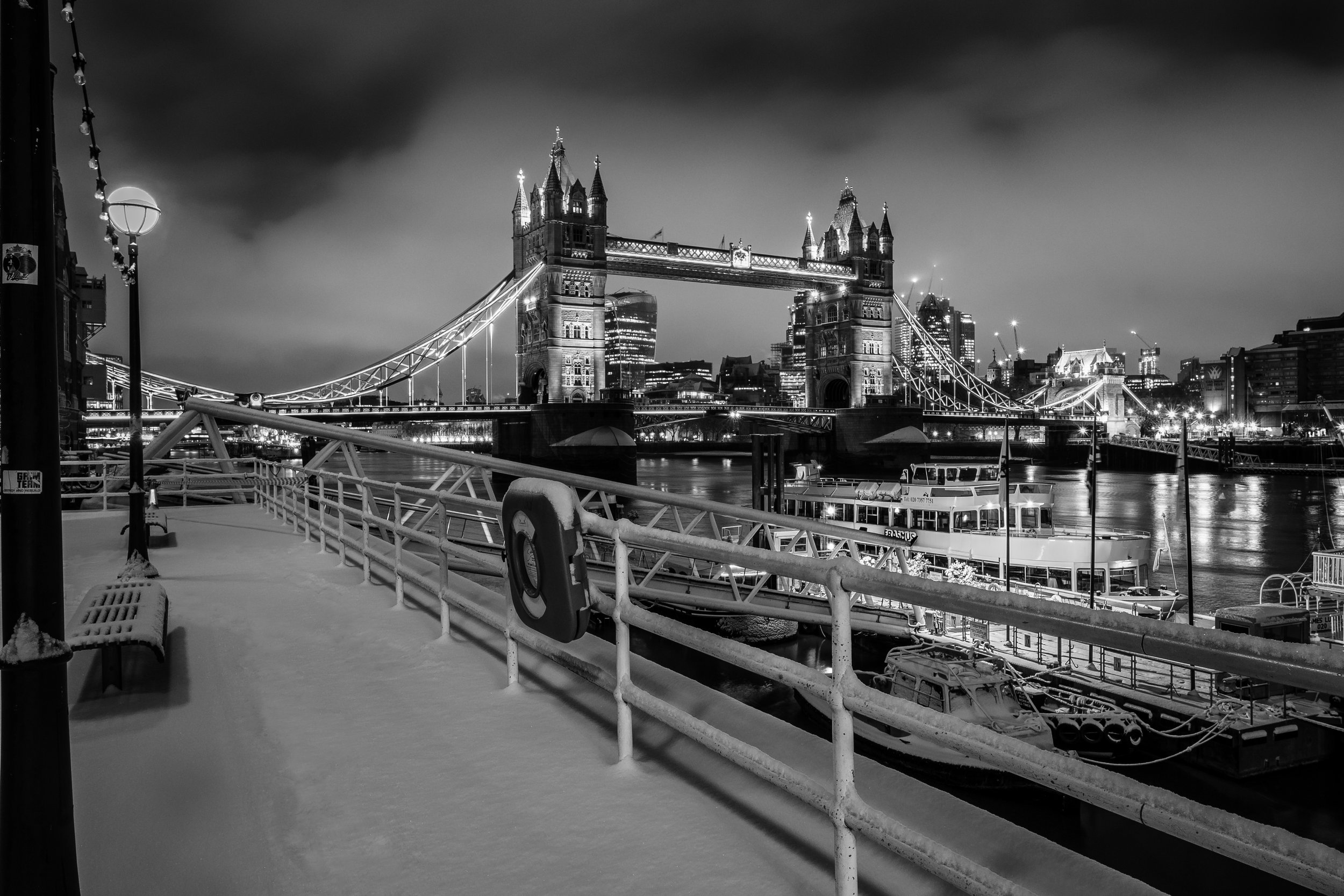 Morning snow over Tower Bridge, London