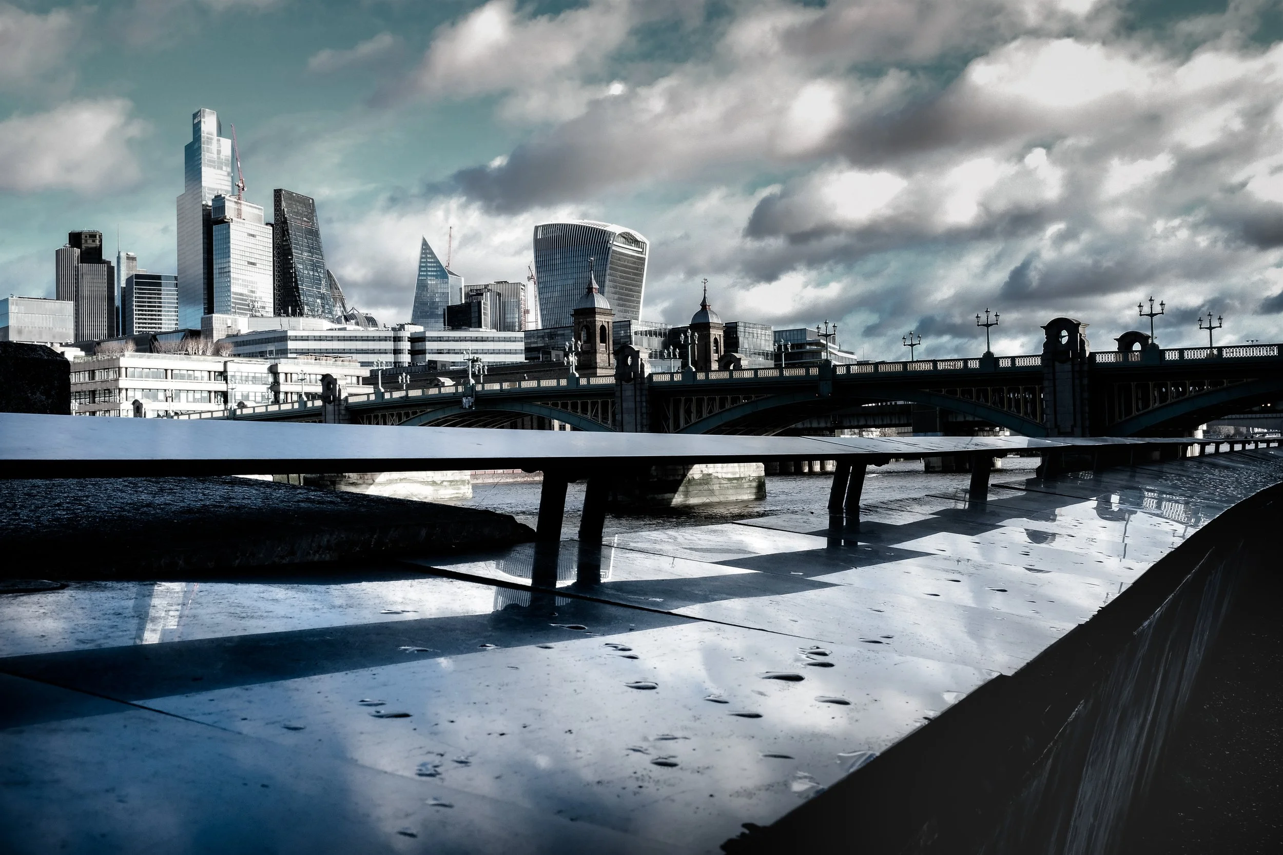 Winter clouds over London City and South Bank. London