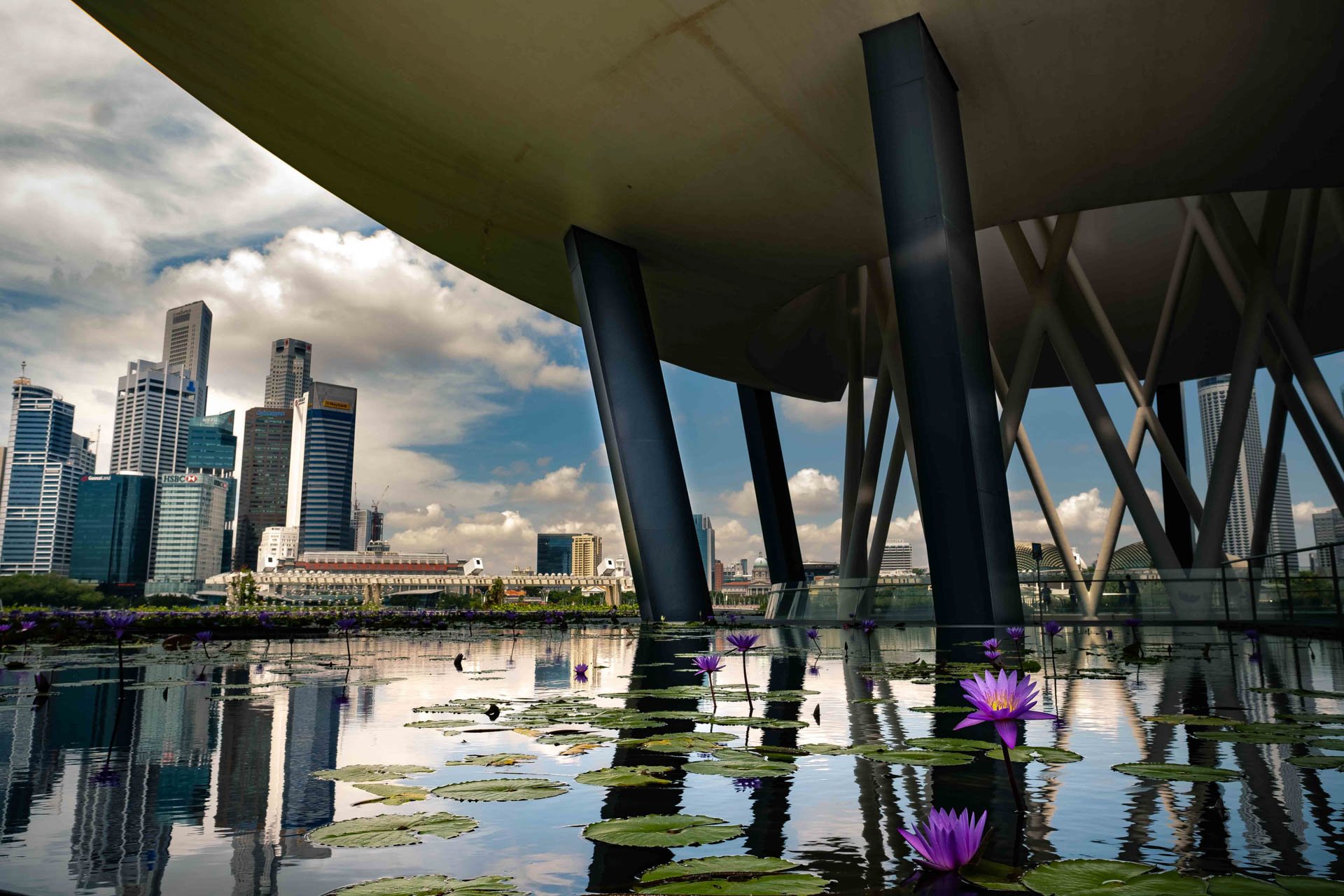 View of Downtown Singapore taken underneath The Artscience Museum