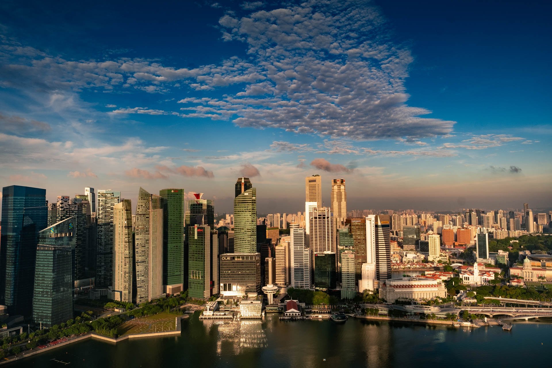 View of Downtown Singapore taken from the swimming pool at the top of the Marina bay Sands Hotel