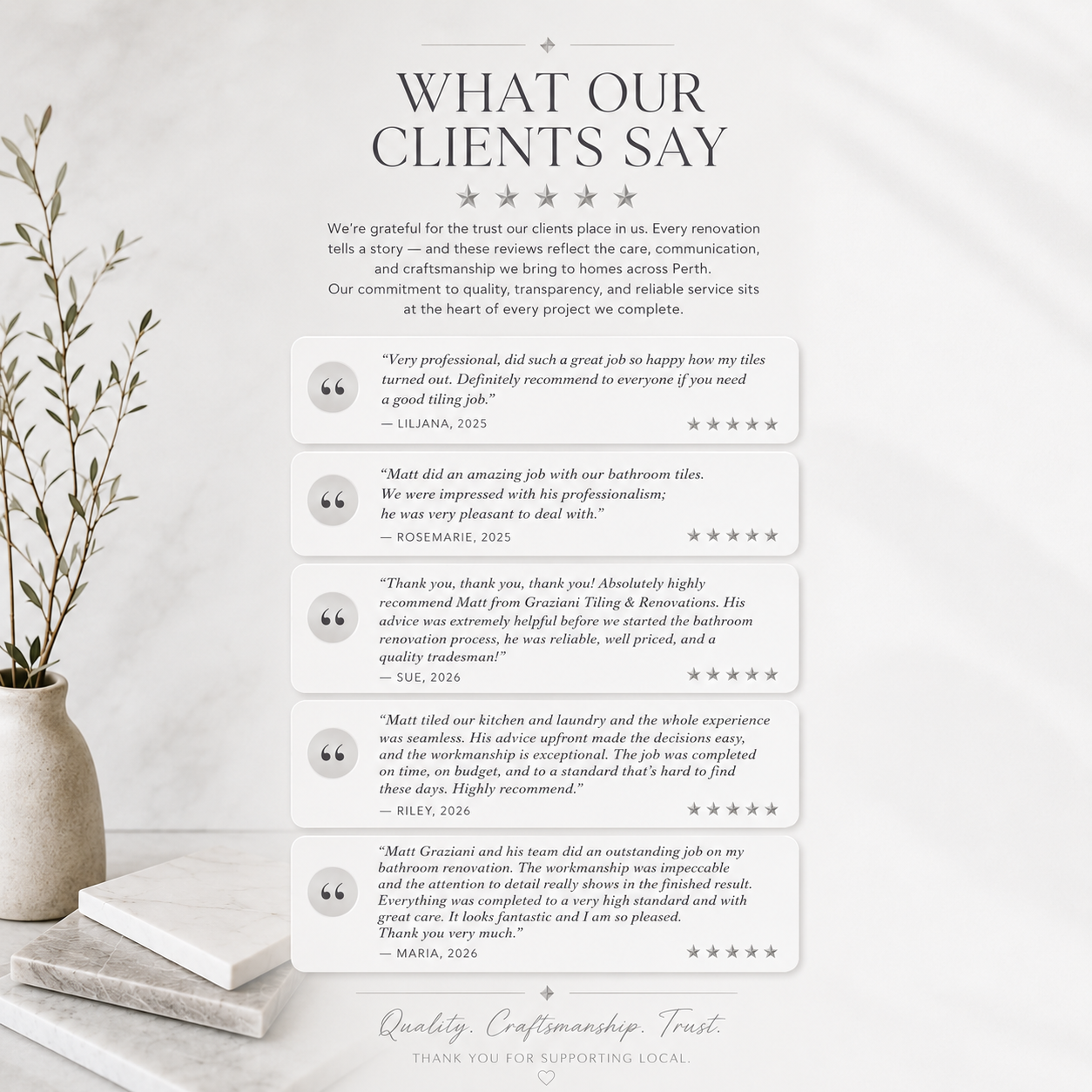 Client testimonials for Graziani Tiling & Renovations (GTR Renovations) in Perth, highlighting customer satisfaction, quality workmanship, and trusted renovation services.