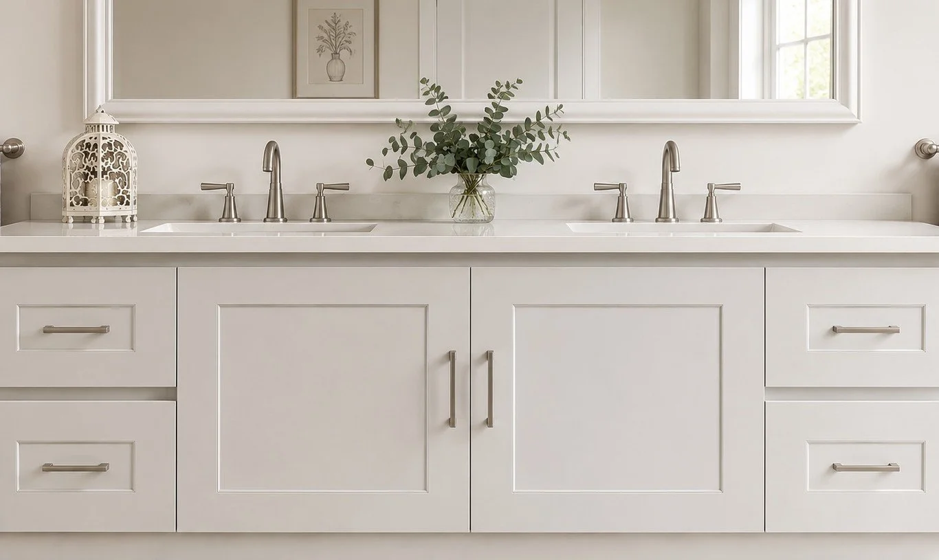 Bathroom renovation by Graziani Tiling & Renovations (GTR Renovations) in Perth, featuring a double‑sink vanity, precision tiling, shaker cabinetry, and high‑quality finishes.