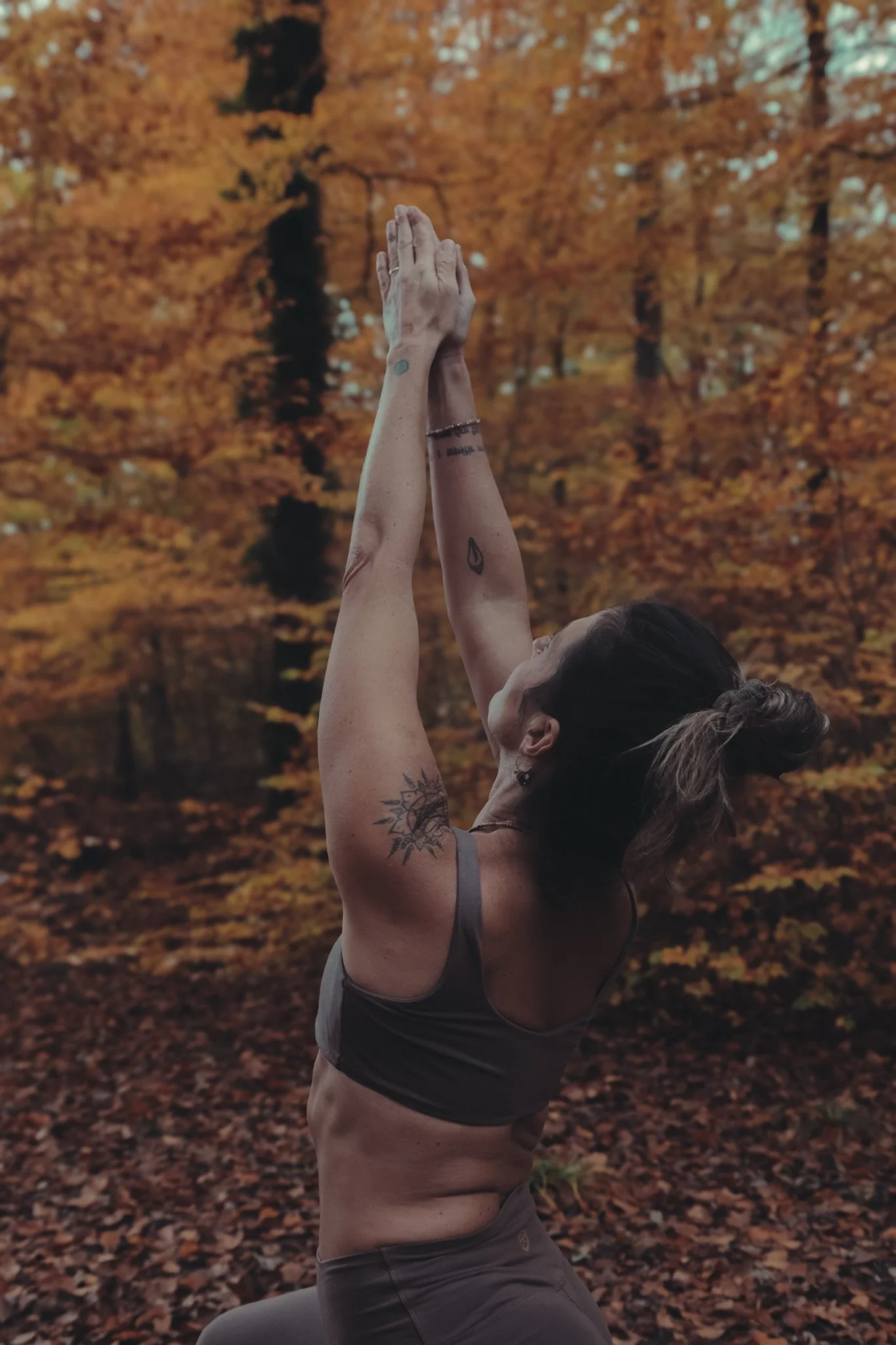 Frau macht Yoga im herabschauenden Hund in einem herbstlichen Wald mit fallendem Laub.