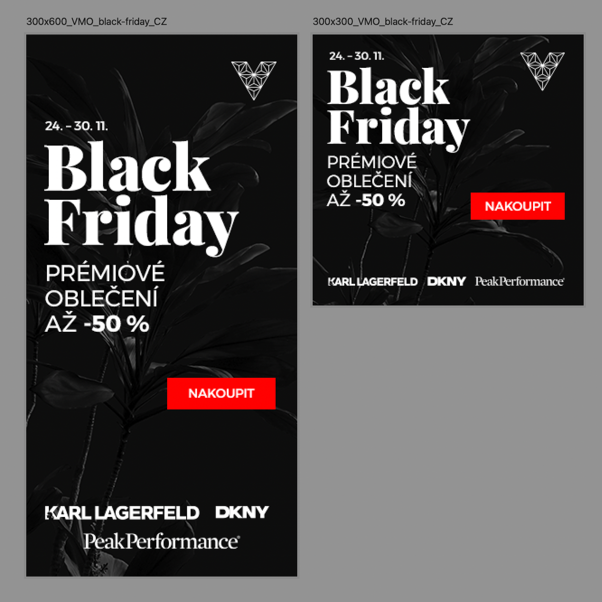 Black Friday promotional poster in Czech with a black floral background, white text, and a red purchase button.