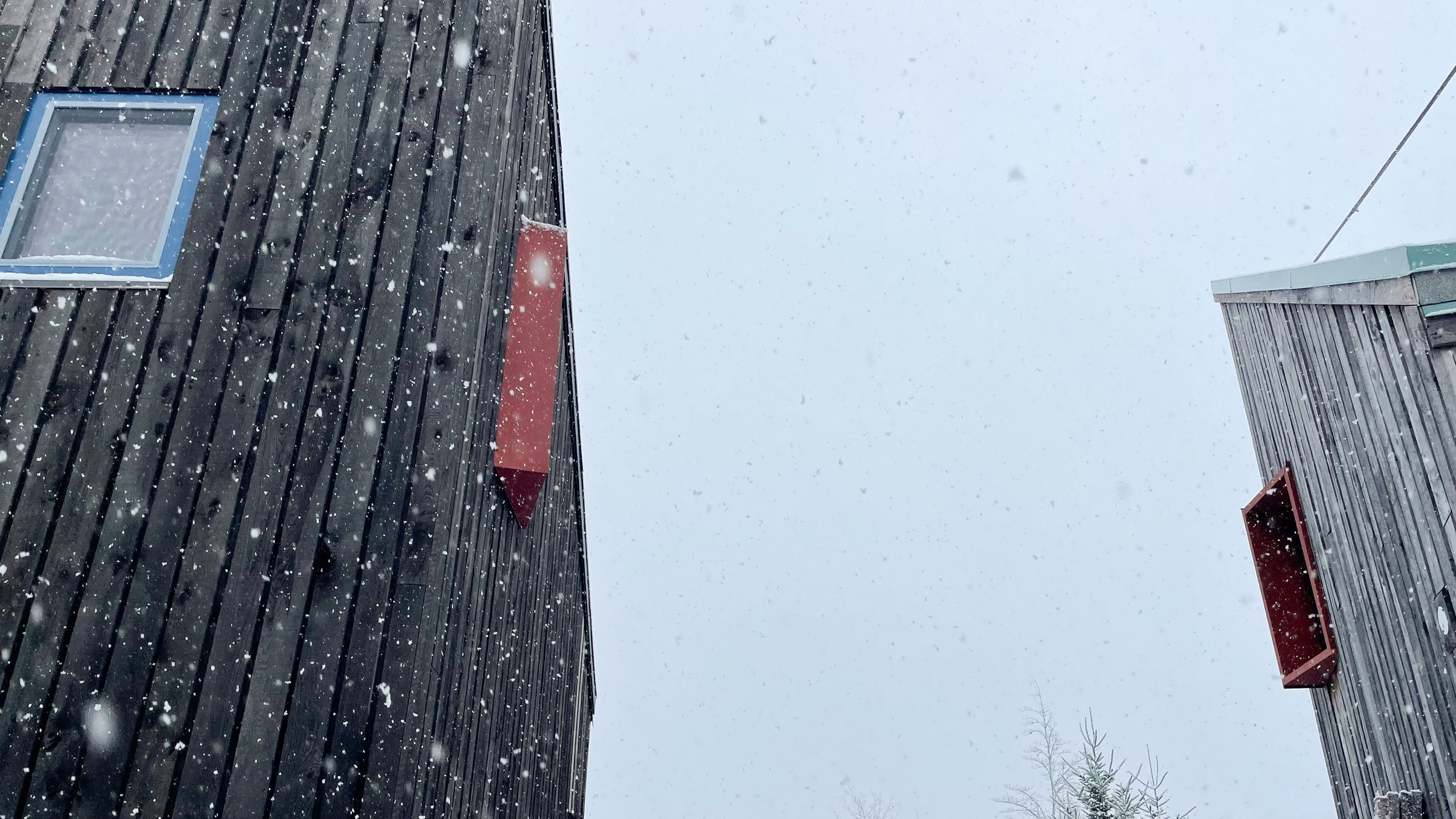 Looking up at two modern wooden buildings with red window awnings on snowy day, with snow falling and overcast sky.