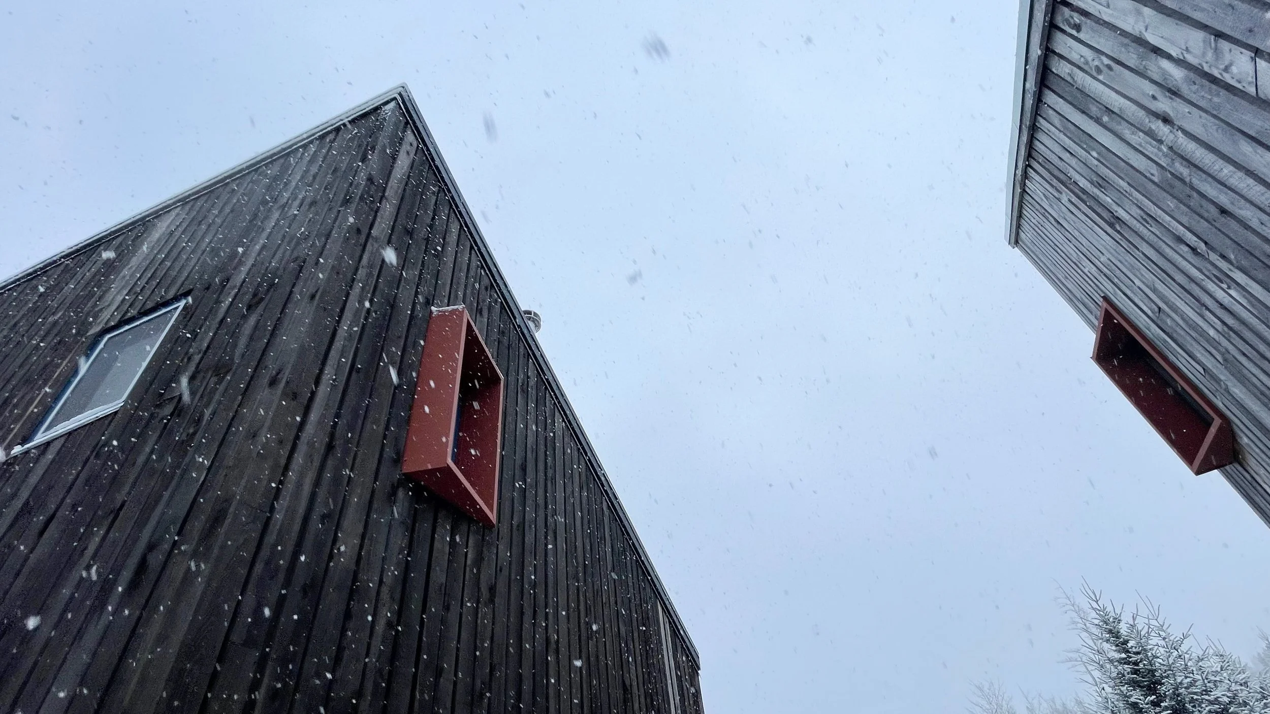 Looking up at two wooden buildings with snow falling, one with a small window and red window box, and the other with a red window box and no visible window, against a gray, overcast sky.