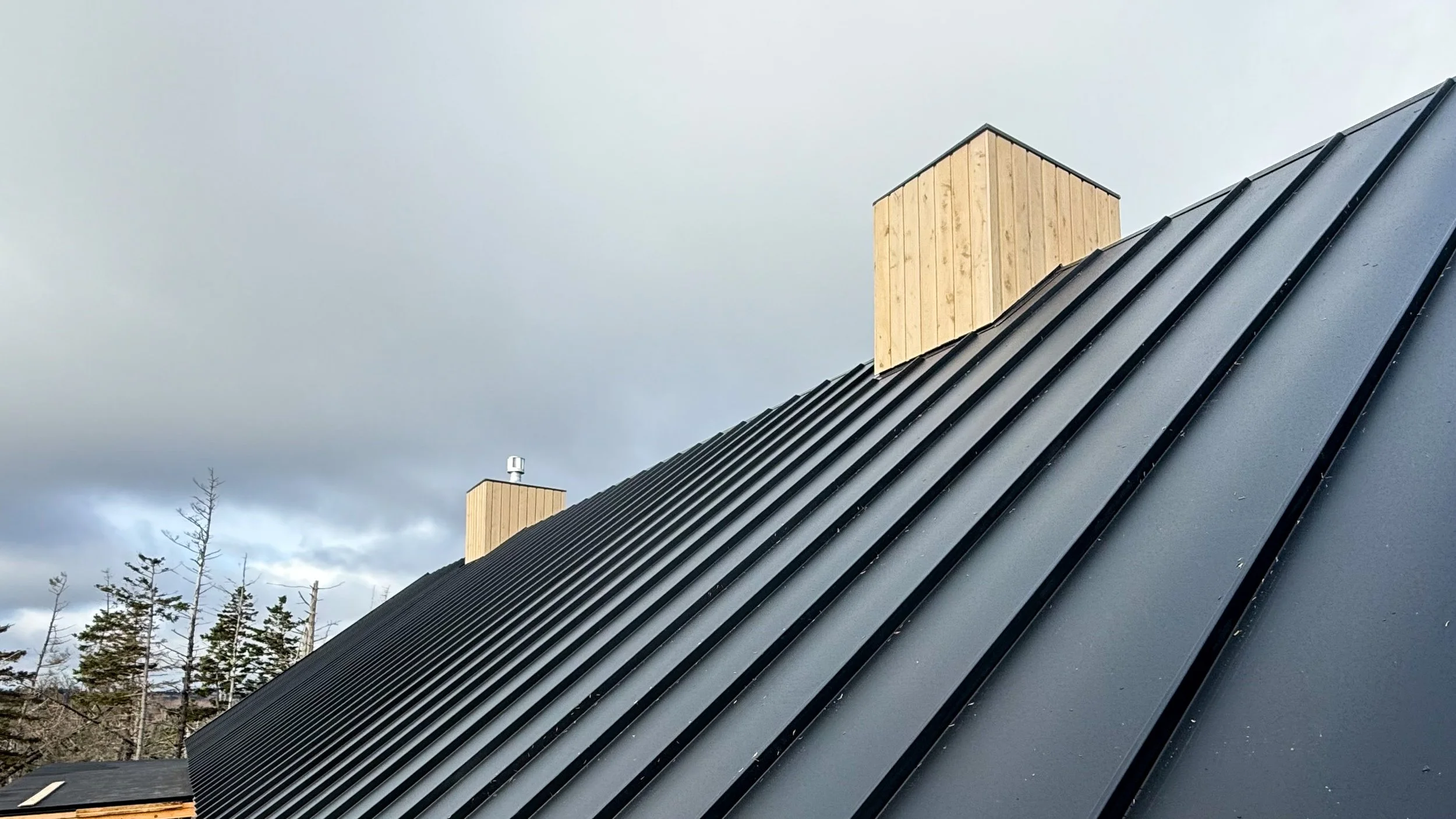 Close-up of a metal roof with vertical ridges, two wooden chimney caps, and overcast sky with trees in the background.