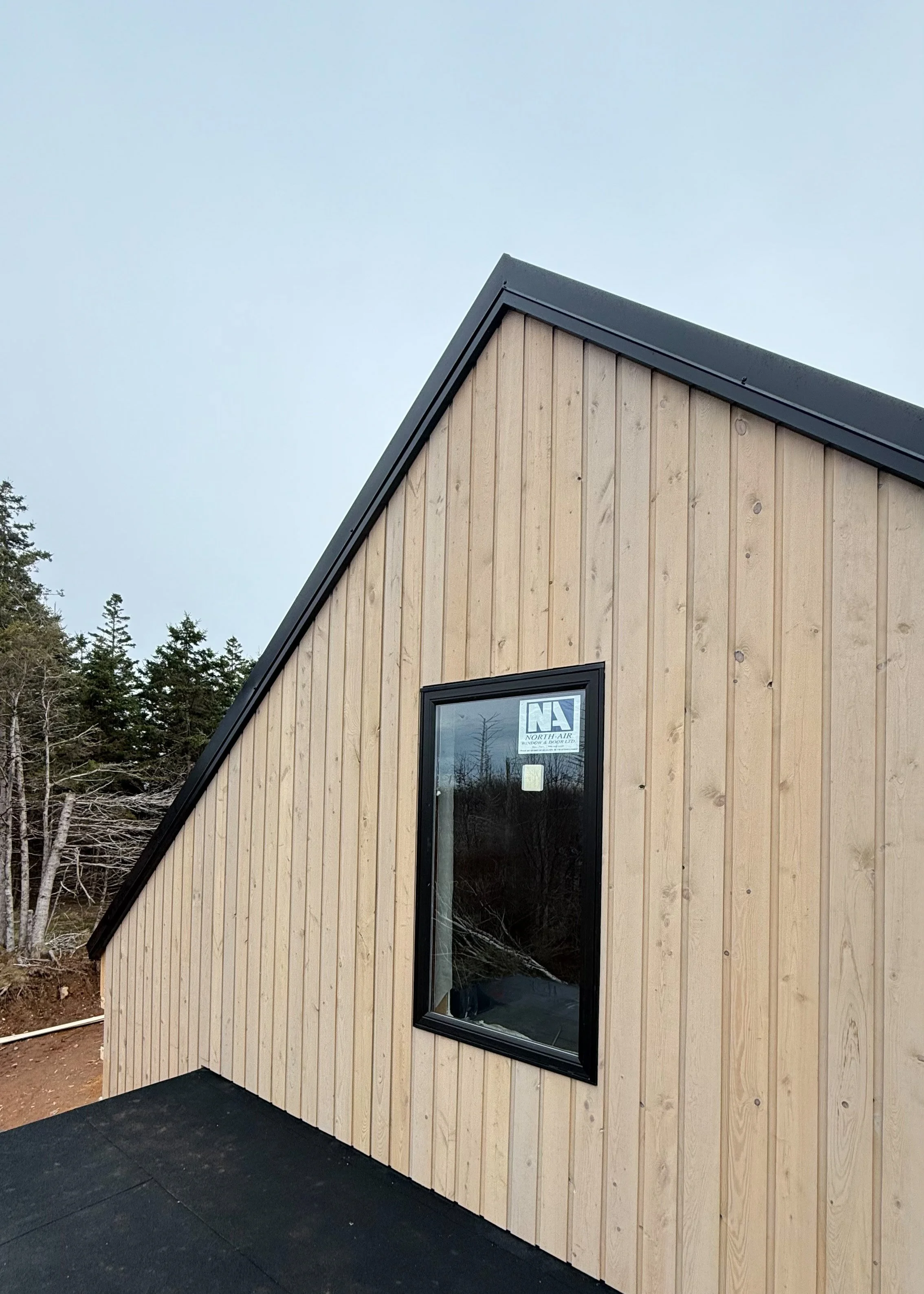 A modern house with vertical wooden siding and a black-framed window, set against a background of trees and a gray sky.