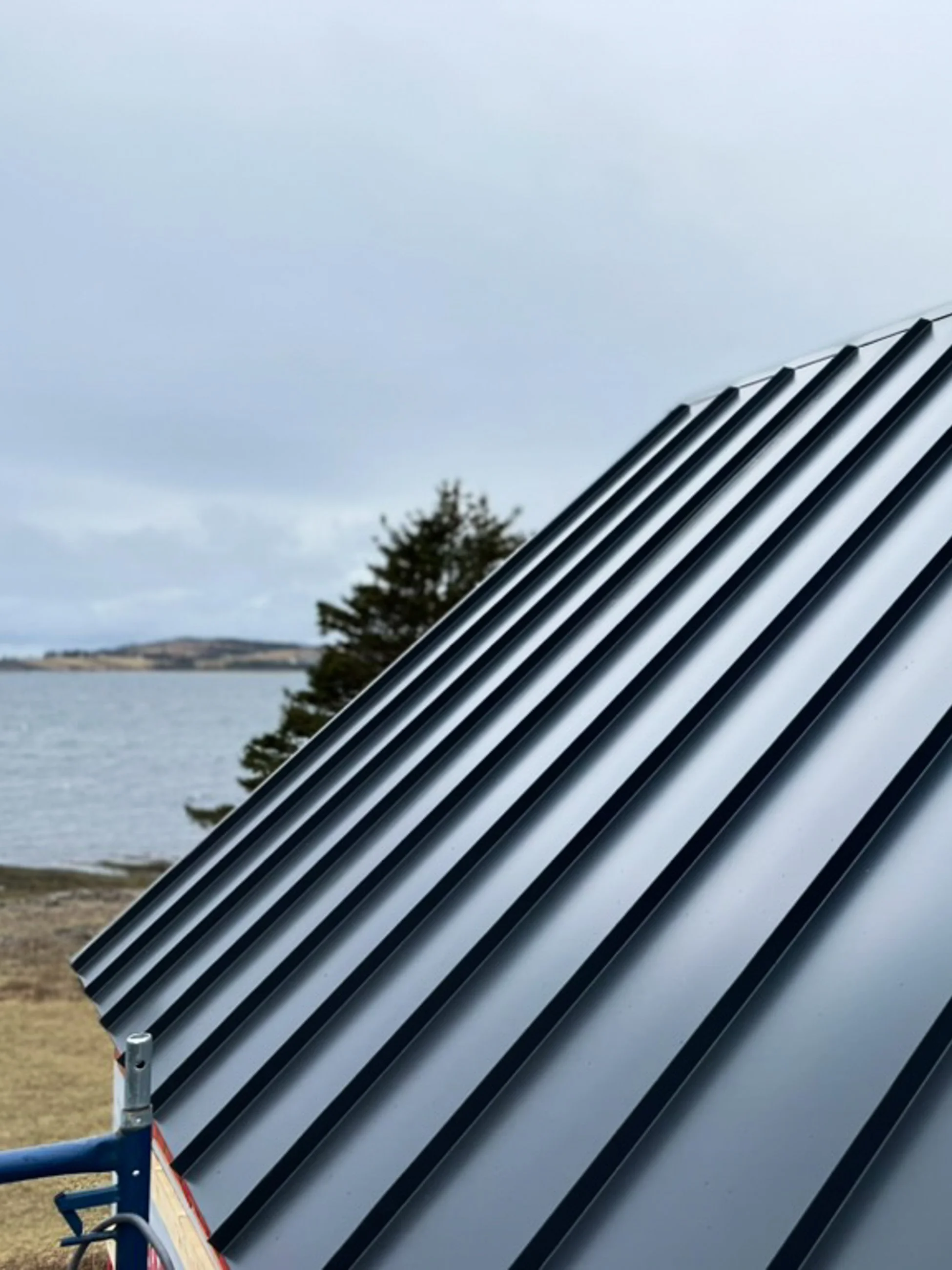 Close-up of a black metal roof with grooved panels, set against a cloudy sky, with a tree and water body in the background.