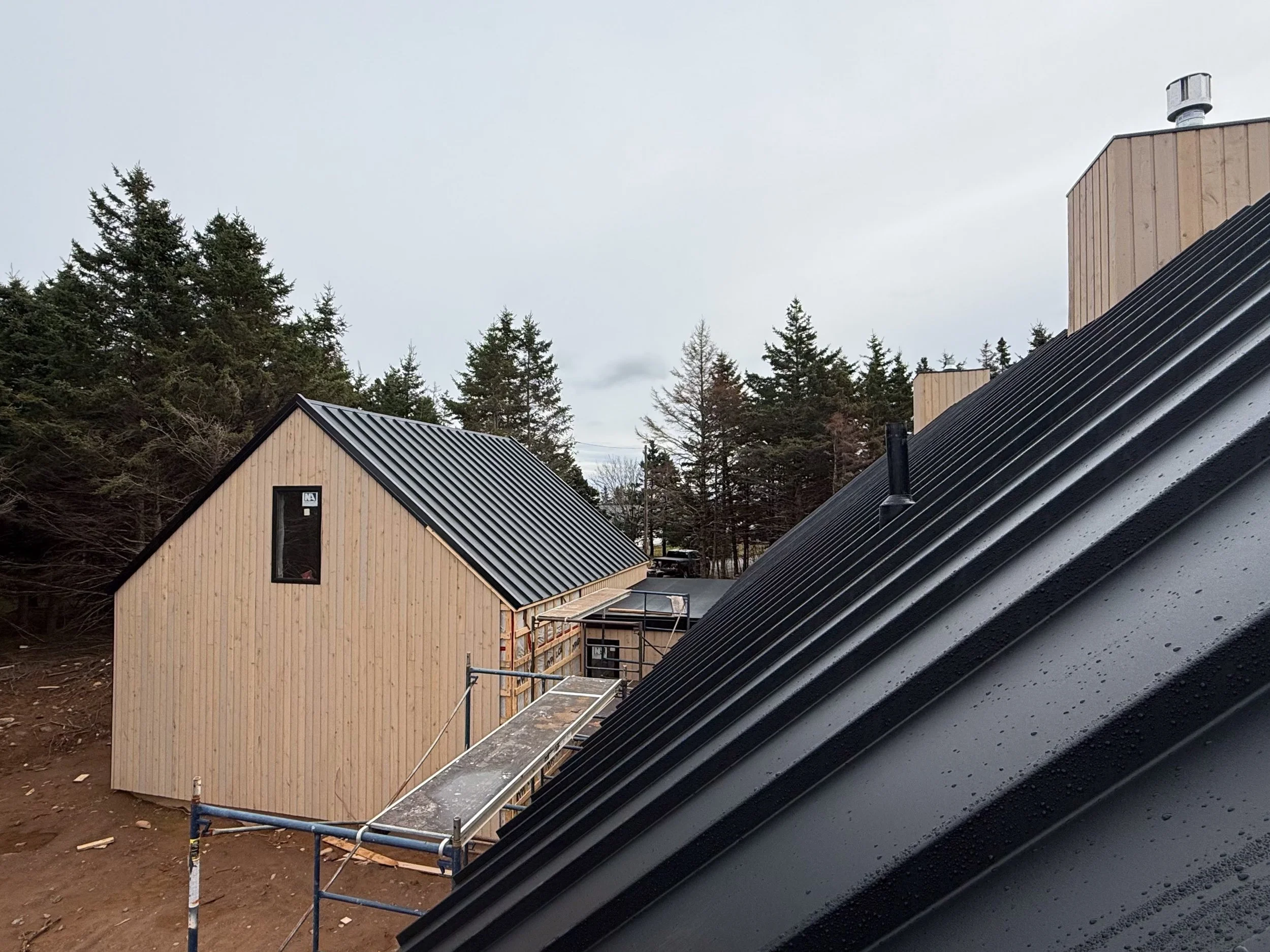 Newly constructed wooden house with a black metal roof, surrounded by trees on a cloudy day.