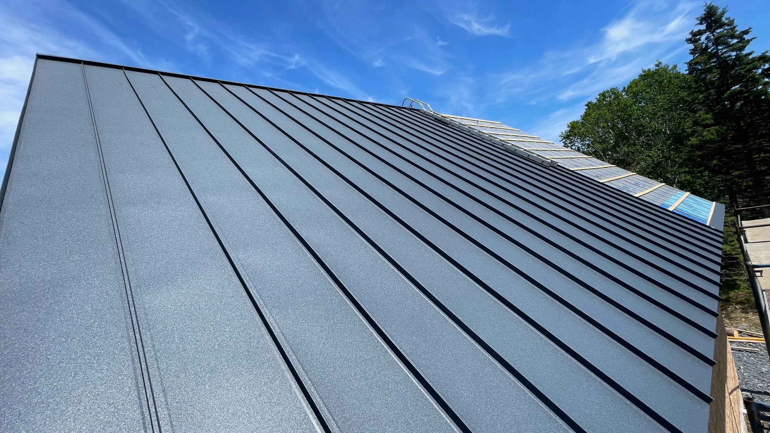 Close-up of a metal roof on a building, with a blue sky and some trees in the background.