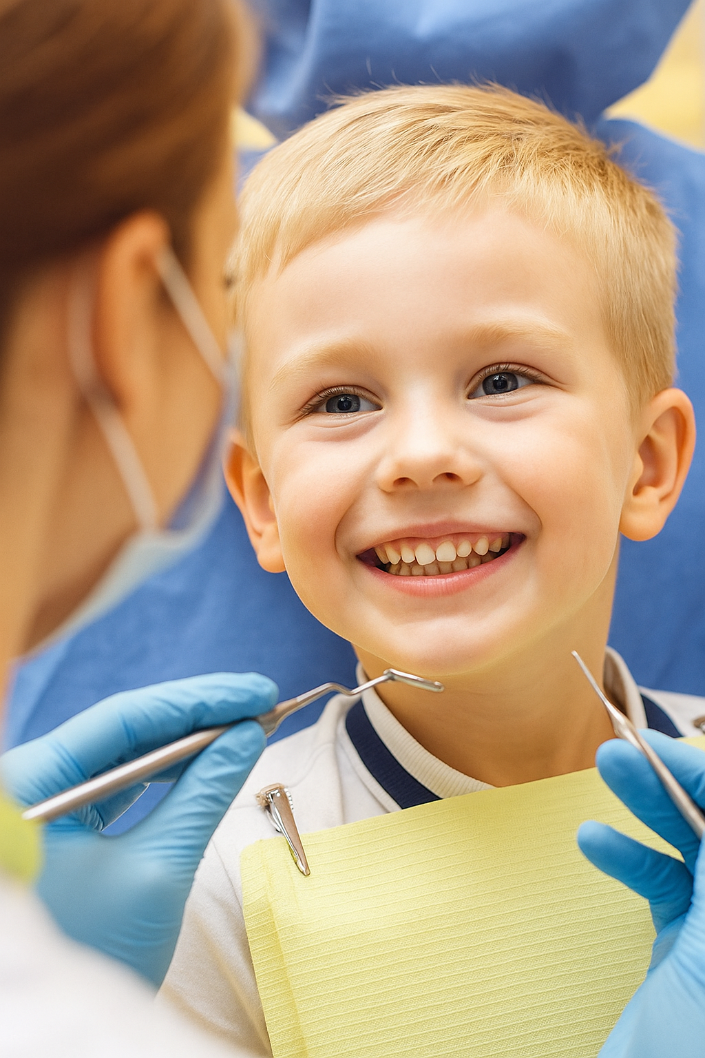 A young boy smiling at a dentist during a dental checkup.