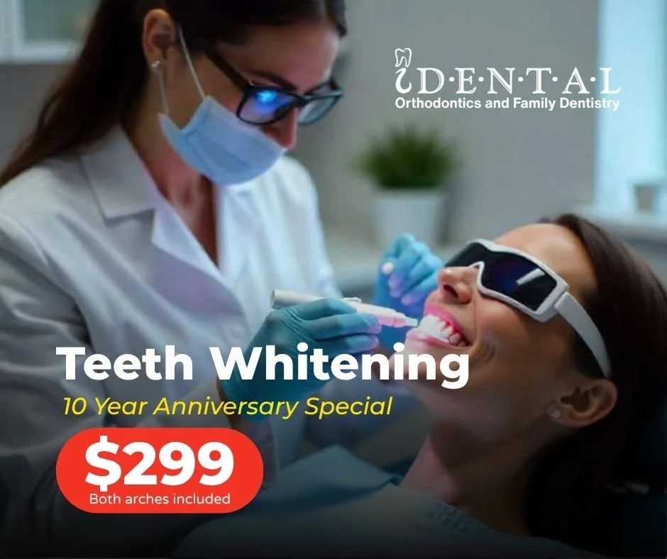 A woman undergoing teeth whitening treatment at a dental clinic while wearing protective glasses. A dentist is applying the whitening product to her teeth, and the advertisement mentions a 10-year anniversary special for teeth whitening at a cost of $299, including both arches.