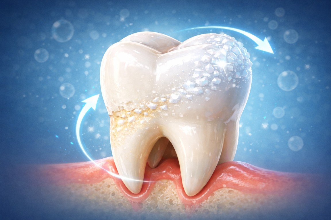 3D illustration of a tooth showing enamel remineralization with mineral crystals rebuilding the surface