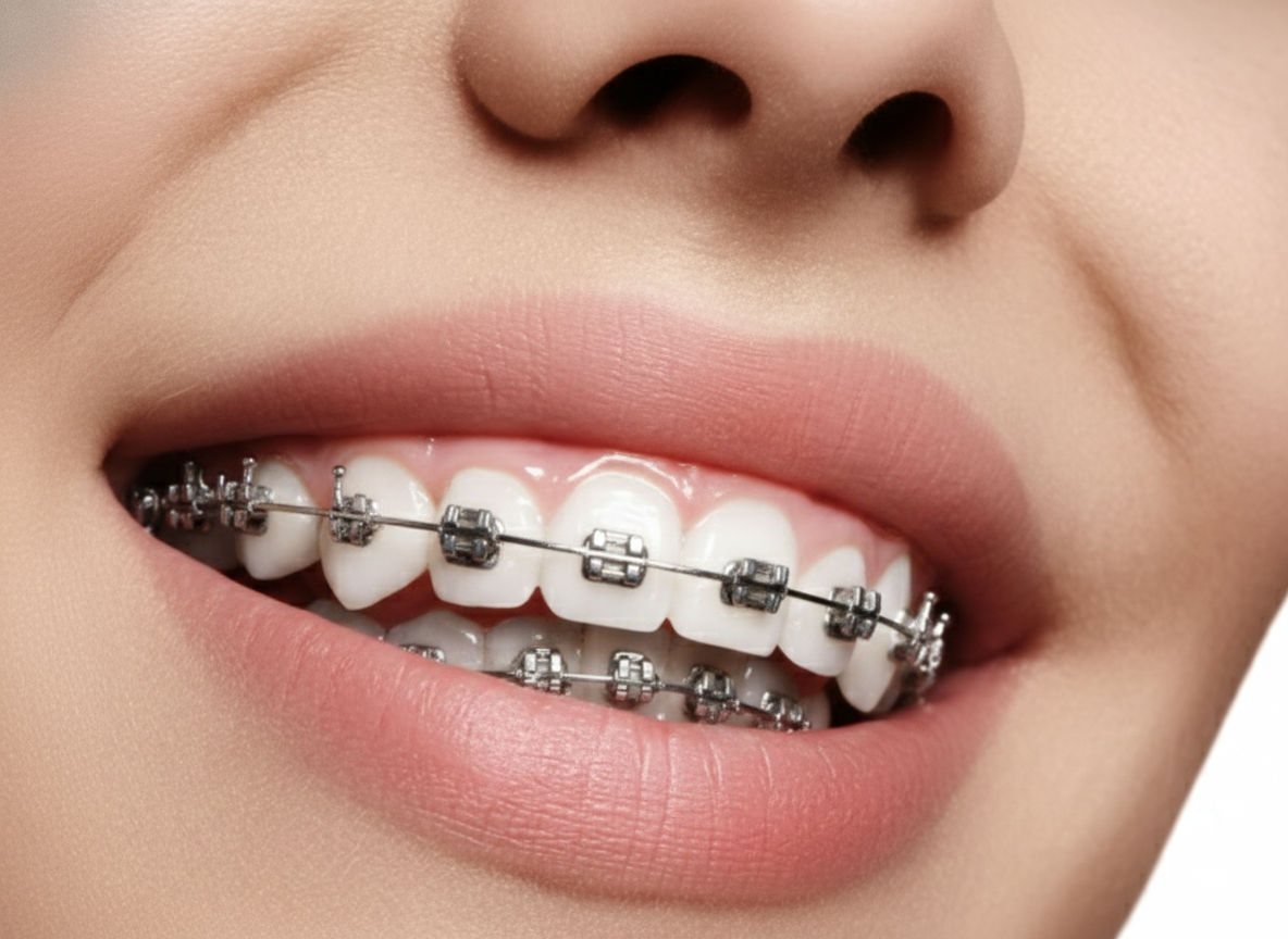 Close-up of a person’s mouth with metal braces on the upper and lower teeth, smiling.