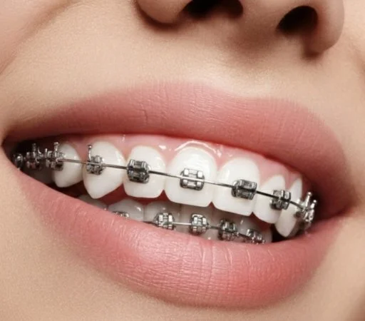 Close-up of a person’s mouth with metal braces on the upper and lower teeth, smiling.