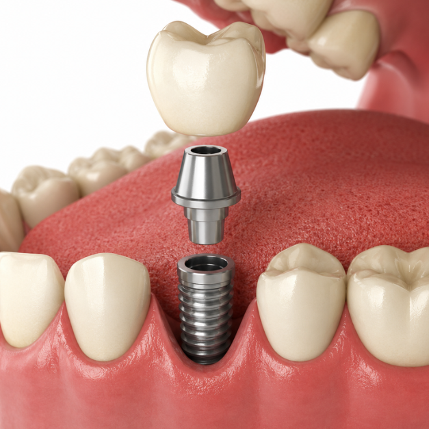 Close-up of a dental implant procedure showing the placement of a dental crown on a metal implant screw in the gums.