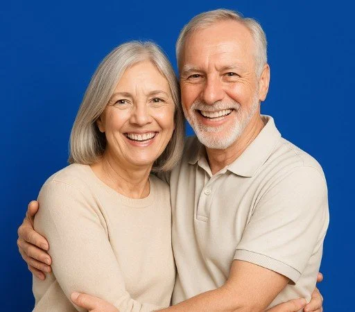 Smiling senior couple with restored smiles after next-day denture treatment.