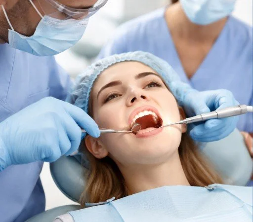 Patient receiving a dental exam with mirror and scaler in a dental clinic.