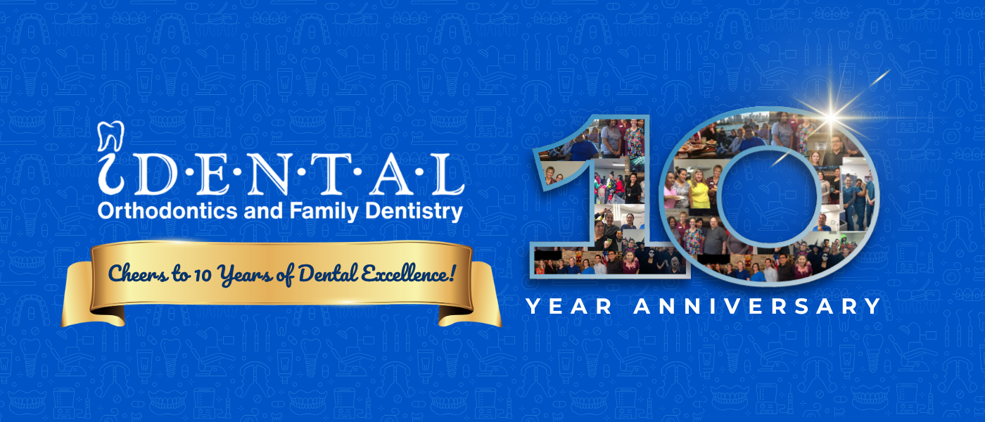 Celebration banner for 10th anniversary of a dental practice, featuring a large number 10 filled with photos of staff and patients, with a blue background and dental icons, and a gold ribbon with the message 'Cheers to 10 Years of Dental Excellence!'