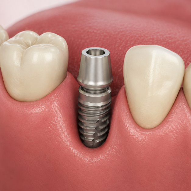 Close-up of a dental implant post placed in the gum between two natural teeth.