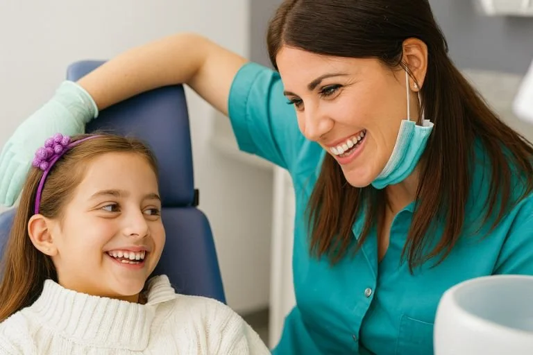 A smiling little girl with a white sweater and a purple headband sitting in a dental chair, talking to a smiling female dentist wearing a teal scrubs and a face mask pulled down, in a dental clinic.