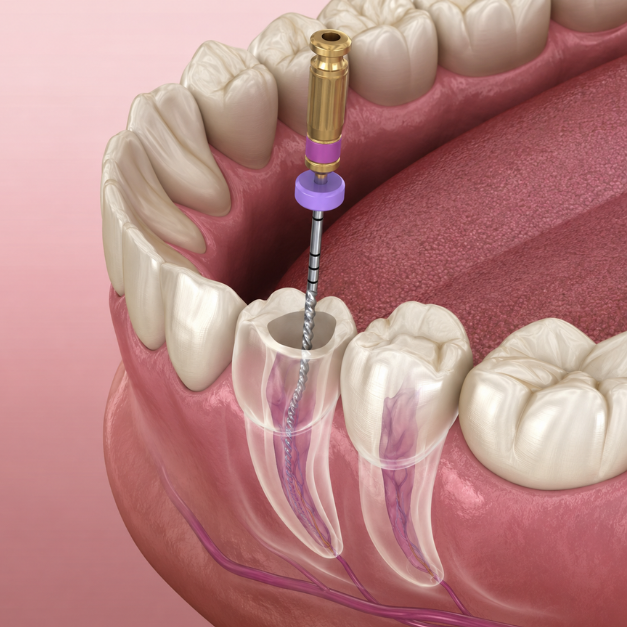 A dental drill is shown being used to perform a root canal procedure on a molar tooth, with a transparent overlay illustrating the inside of the tooth.