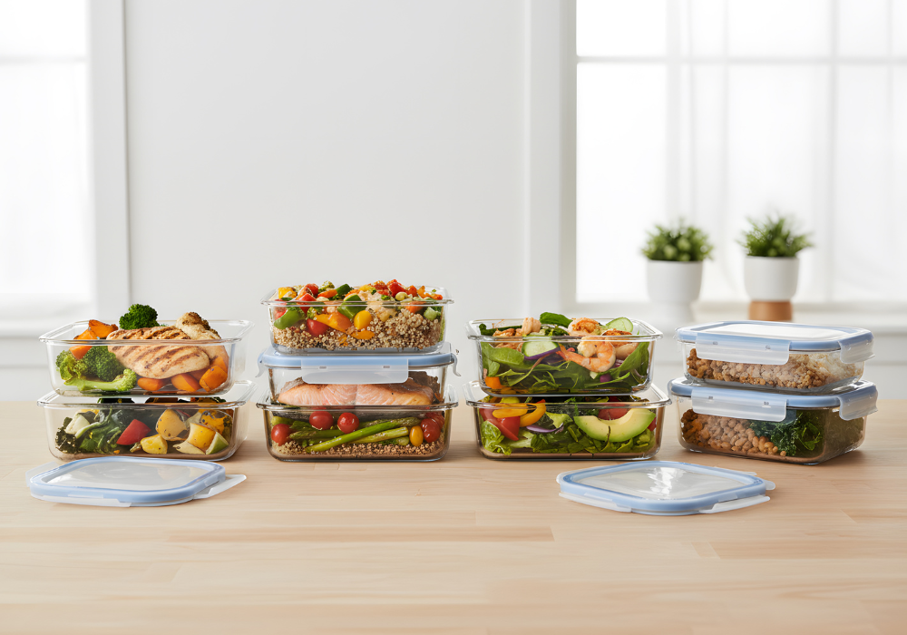 This image shows containers of prepped food like chicken and veggies, baked salmon, and other nourishing foods perfect for postpartum.