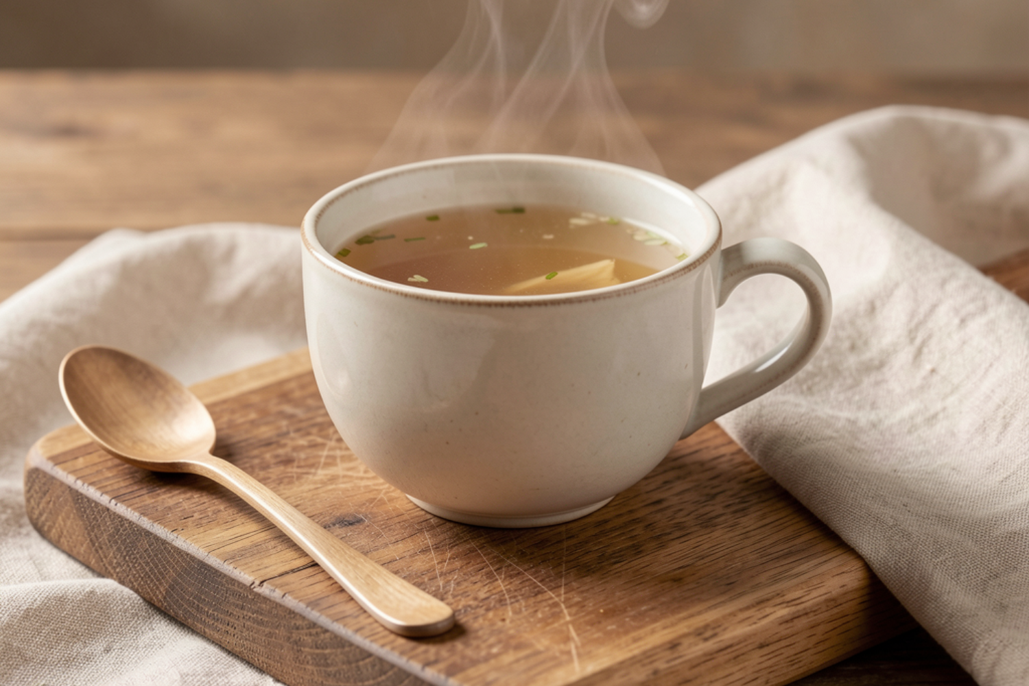 A ceramic mug of slow-simmered bone broth on a wooden surface with a spoon, natural light casting a soft warm glow