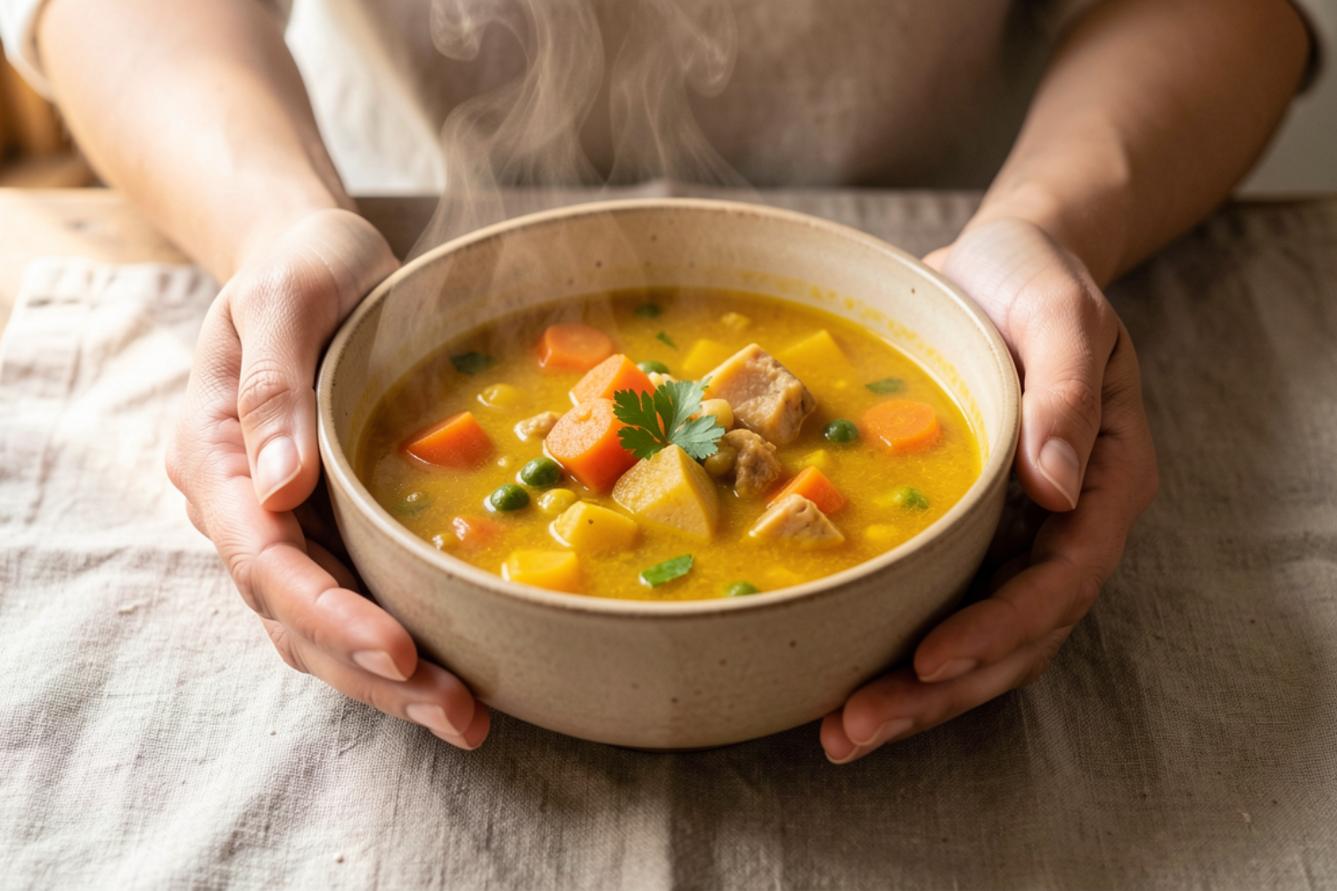A warm bowl of golden postpartum healing stew held gently in two hands, steam rising, on a natural linen surface