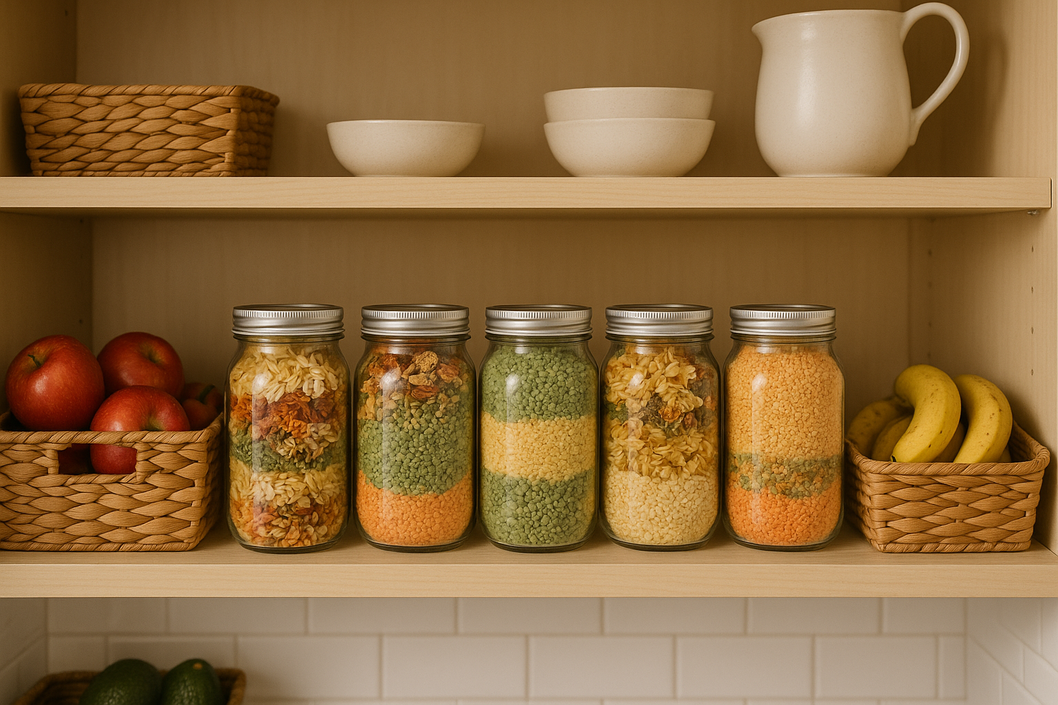 Shelf with glass jars filled with nutritious dried meals.