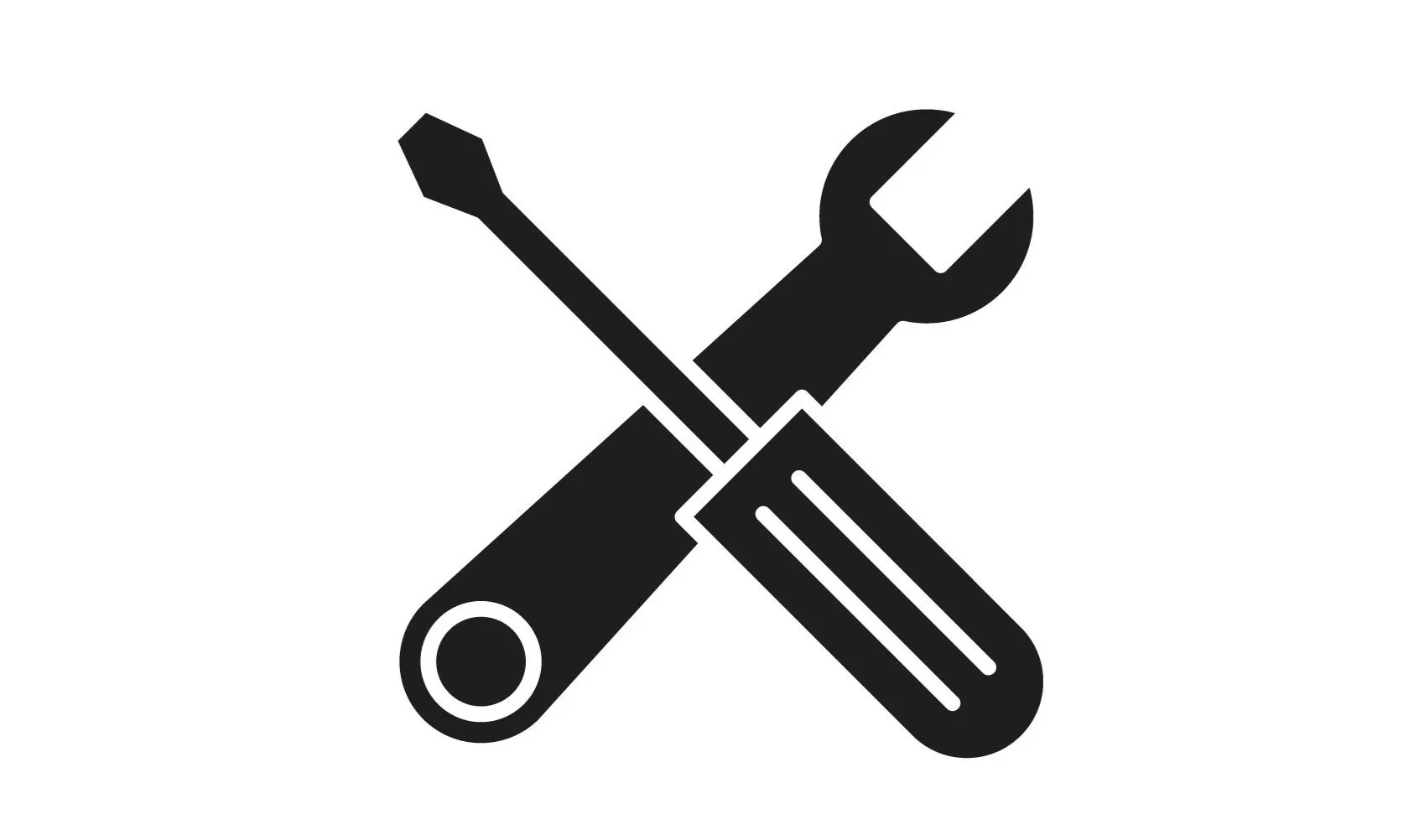 Symbolbild von einem Schraubenzieher und einem Schraubenschlüssel, kreuzweise überlagert, in Schwarz auf weißem Hintergrund.