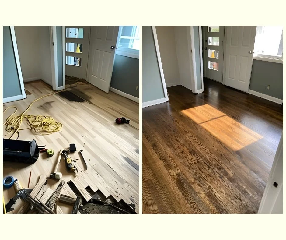 Before and after photo of a restored oak hardwood floor in Kernersville, NC. Before photo shows the sanded floor with the necessary repair areas. After photo shows the repaired area blended with the existing floor. Providence Hardwood Flooring.