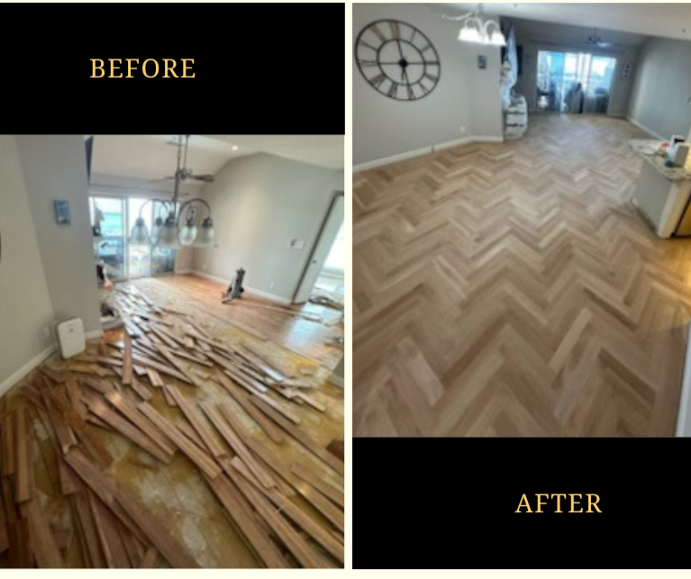Left side shows a room with removed wooden flooring and scattered wood planks, labeled 'BEFORE'. Right side shows the same room with newly installed herringbone wooden flooring, labeled 'AFTER'.