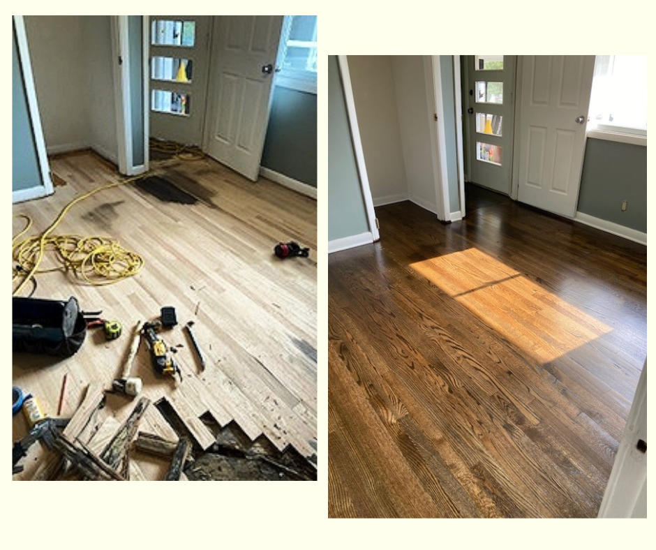 Comparison of a hardwood floor installation project showing a room before and after the work. The left side shows a room in progress with tools, wood, and construction materials on the unfinished floor, while the right side shows the same room with a finished, polished hardwood floor that reflects sunlight.