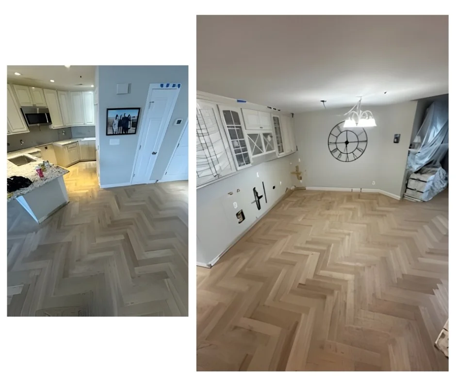 Professional 3-inch white herringbone style hardwood floor installation with 5-inch border all around, weathered oak stain and Bona Mega water-based finish